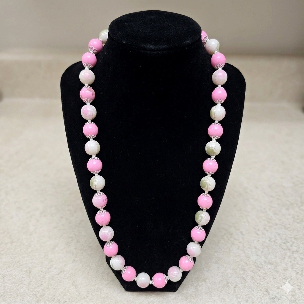 Vtg Pink White Beaded Necklace Mid Century Retro Chunky Plastic Box Clasp 24"